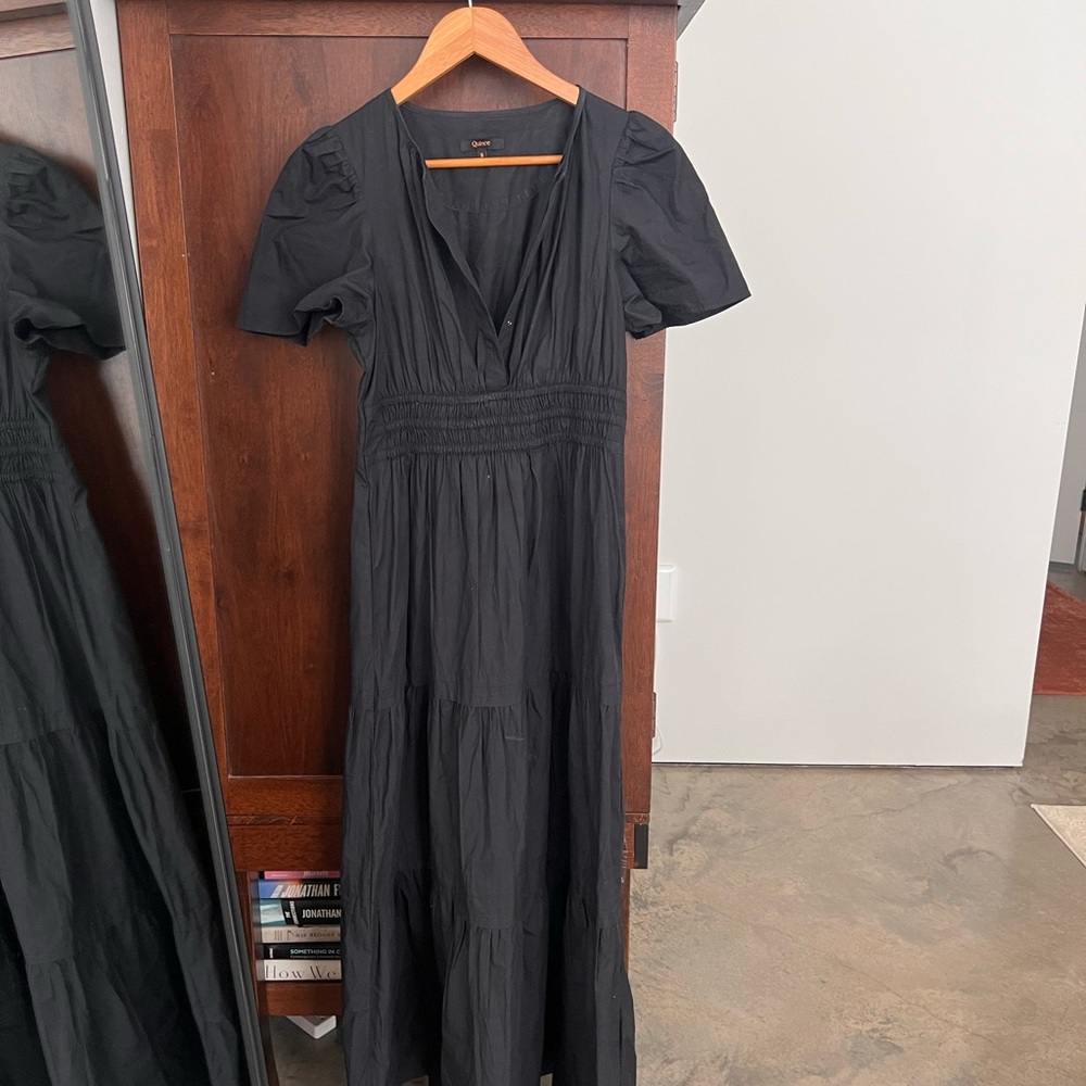Quince Black Maxi Dress with Puff Sleeves
